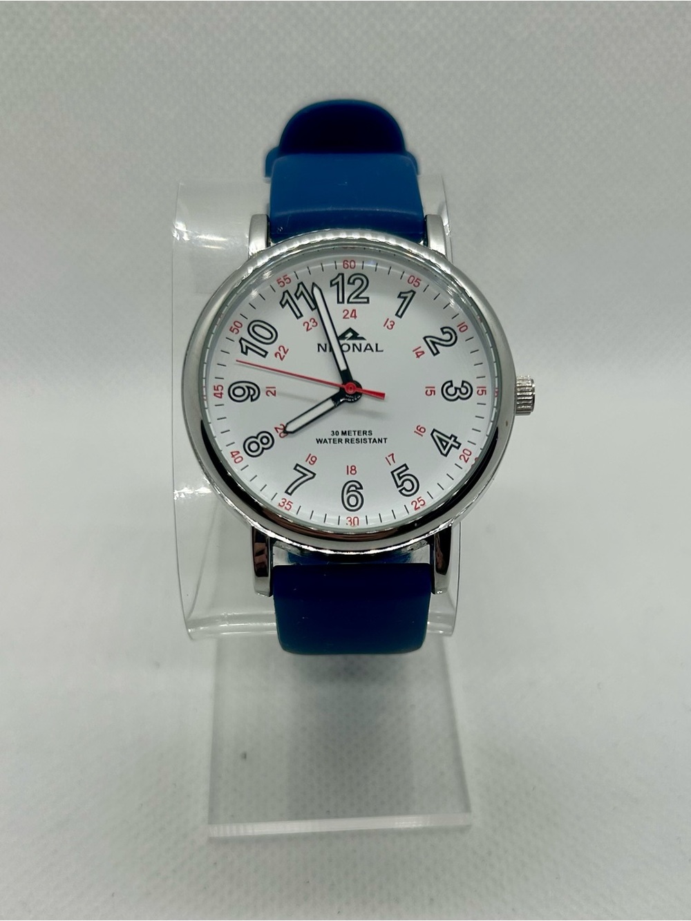 Nbonal Field Style Quartz Watch White Dial Blue Silicone Strap 38mm NEW w/ Box
